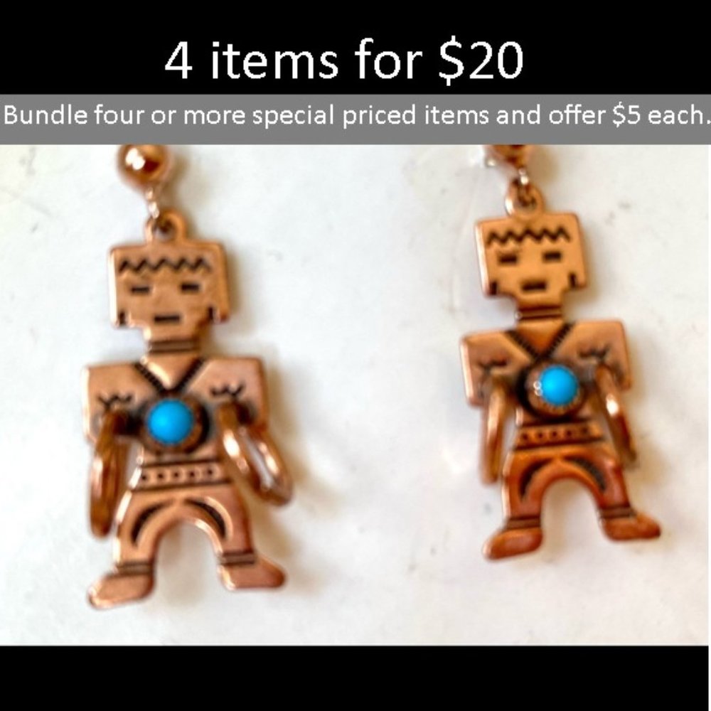 Vintage Southwest Copper Turquoise Kachina Hoop Dancer Pierced Earrings